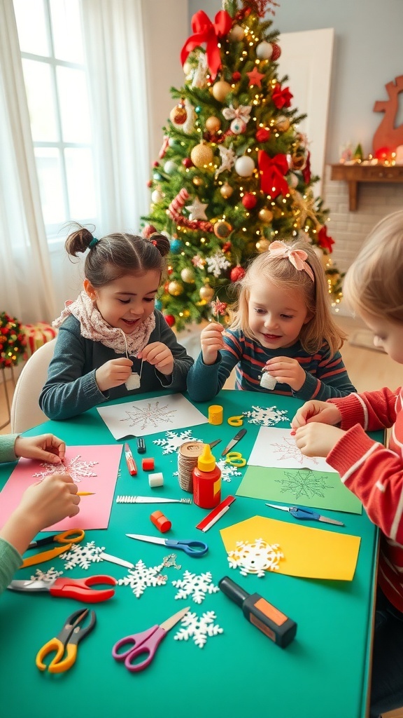 Fun Christmas Decorations to Make with Kids Children making Christmas decorations with colorful papers and ornaments on a festive table.